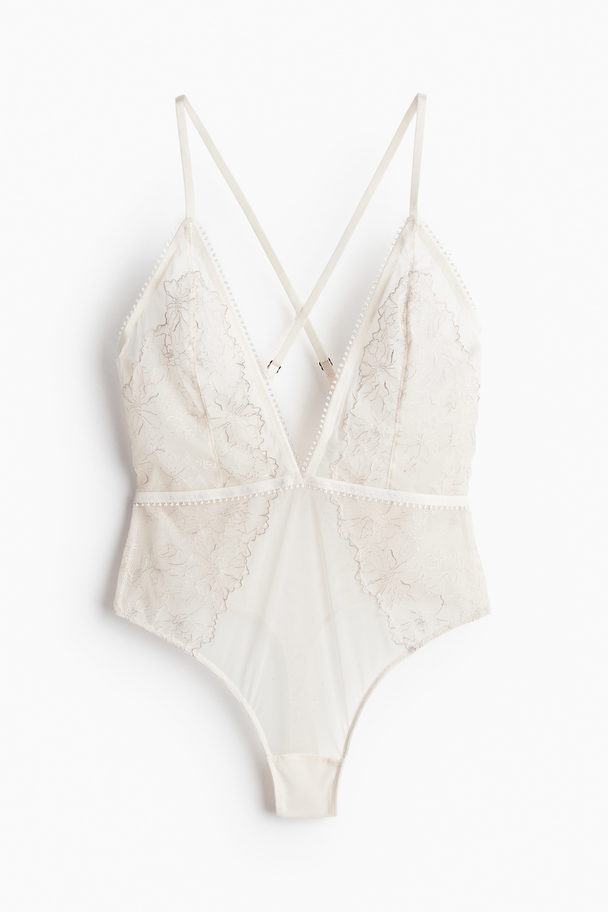 H&M Ovadderad Stringbody Med Broderier Blekbeige