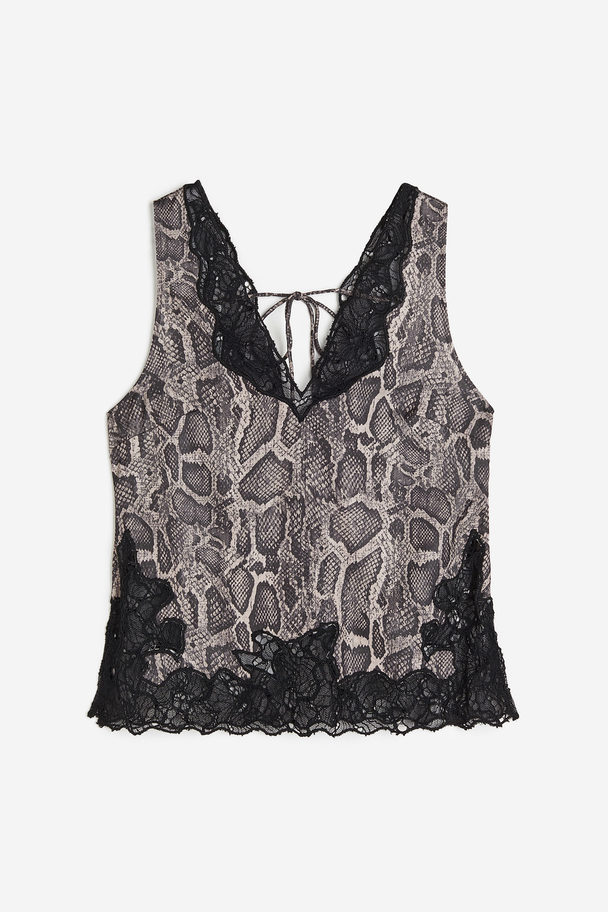 H&M Lace-detail Satin Top Brown/snakeskin-patterned