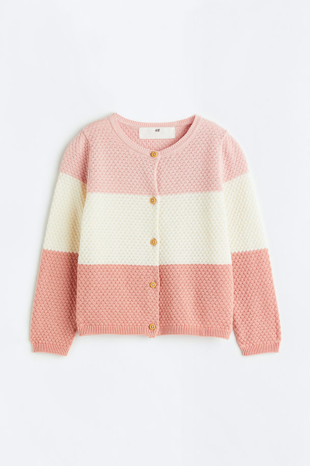 H&M Textured-knit Cotton Cardigan Light Pink/block-coloured
