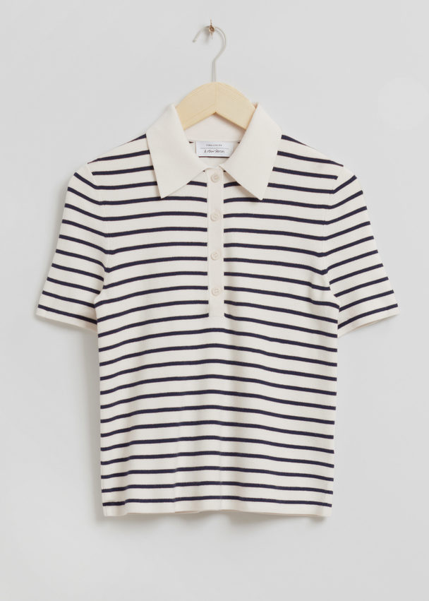 & Other Stories Fitted Nautical Striped Polo Shirt White/navy Striped
