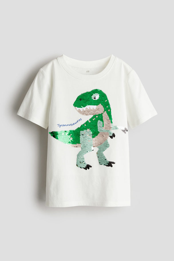 H&M T-Shirt mit Wendepailletten Weiß/Tyrannosaurus