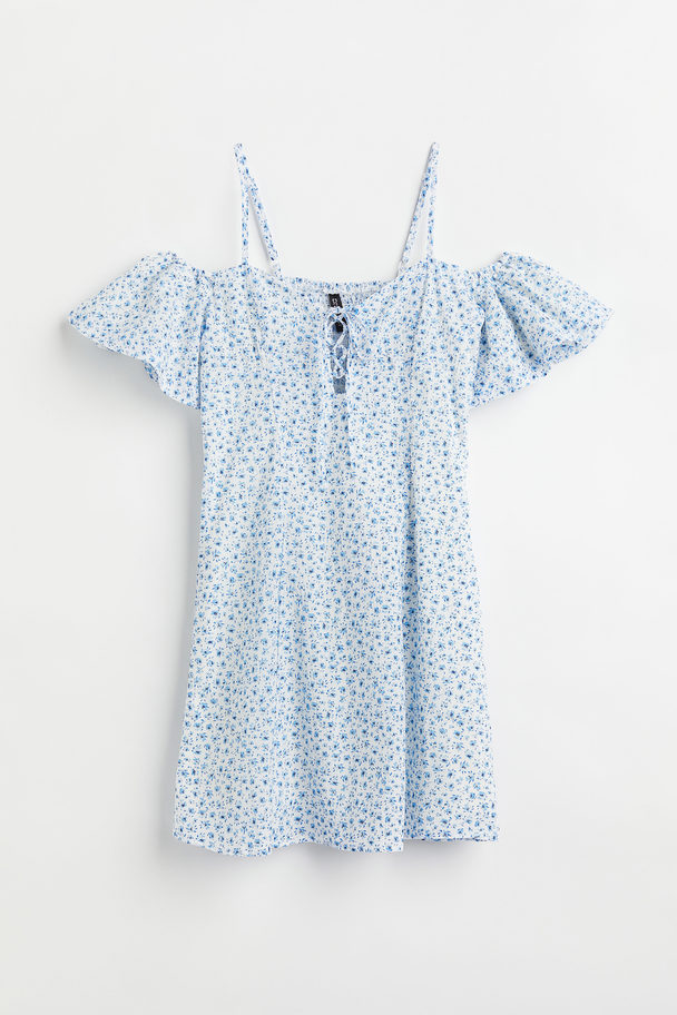 H&M Off Shoulder-klänning Med Snörning Ljusblå/småblommig