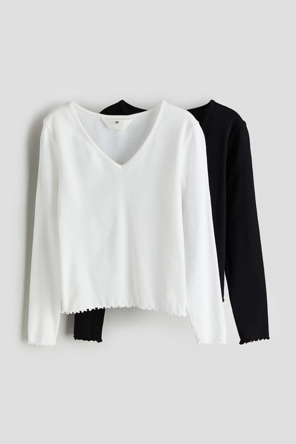 H&M 2-pack Ribbed Jersey Tops White/black