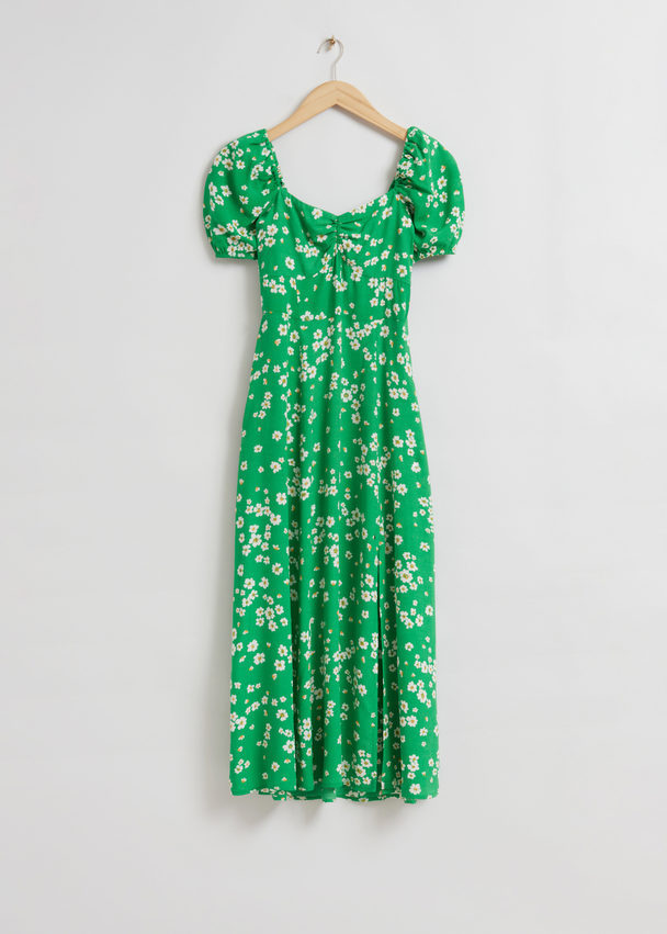 & Other Stories Flowy Puff Sleeve Midi Dress Bright Green Floral Print