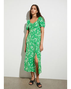 Flowy Puff Sleeve Midi Dress Bright Green Floral Print