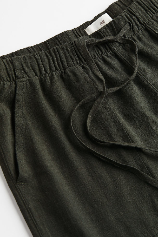 H&M Linen-blend Cargo Trousers Dark Green