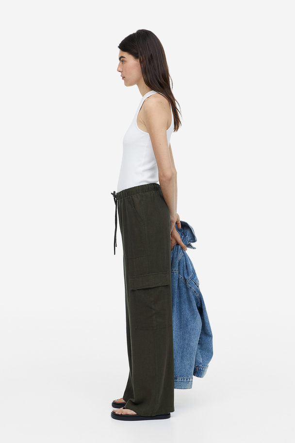 H&M Linen-blend Cargo Trousers Dark Green