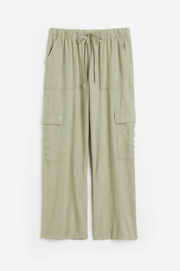 H&M Linen-blend Cargo Trousers Light Khaki Green
