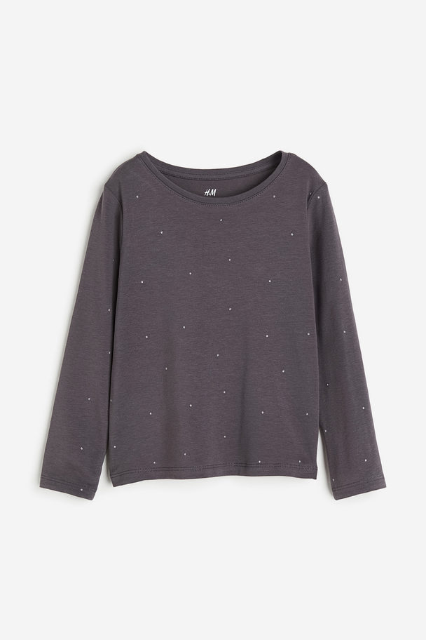 H&M Long-sleeved Jersey Top Dark Grey/spotted