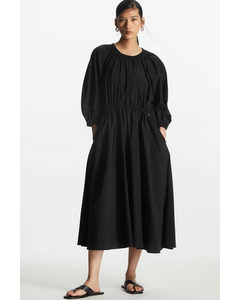 Volume-sleeve Midi Dress Black