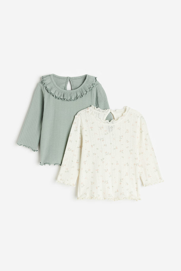 H&M Set Van 2 Geribde Tops Roomwit/bloemen