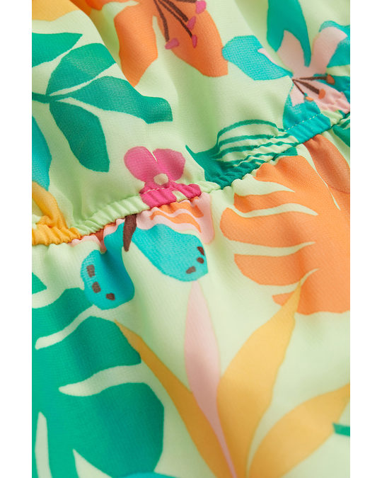 H&M Asymmetric Chiffon Dress Light Green/tropical Flowers