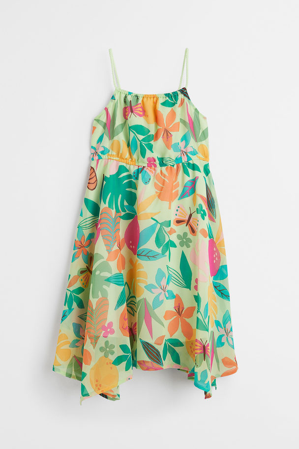 H&M Asymmetric Chiffon Dress Light Green/tropical Flowers