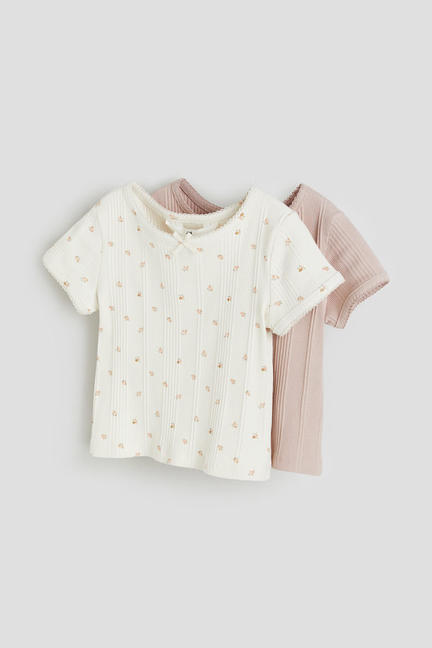 H&M Set Van 2 Tops Van Katoenen Ribtricot Dusty Lichtroze/bloemen