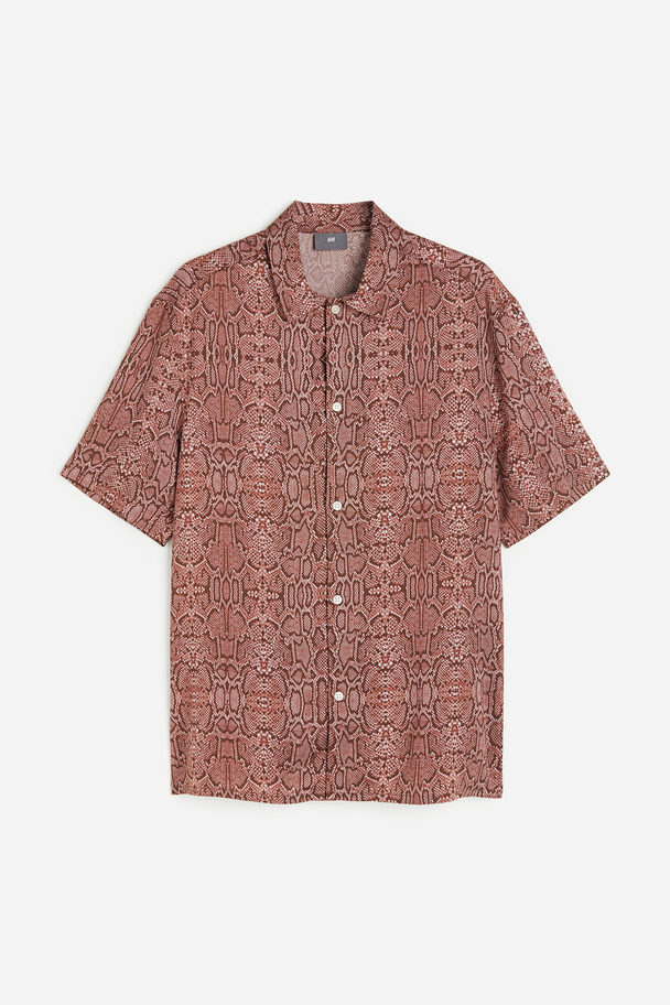 H&M Regular Fit Short-sleeved Lyocell Shirt Dark Red/snakeskin-patterned