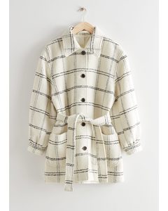 Belted Wool Mix Coat White Checks