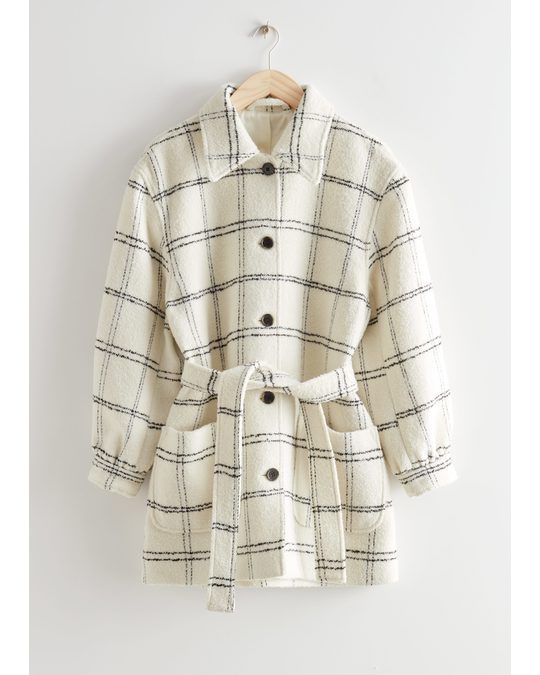 & Other Stories Belted Wool Mix Coat White Checks