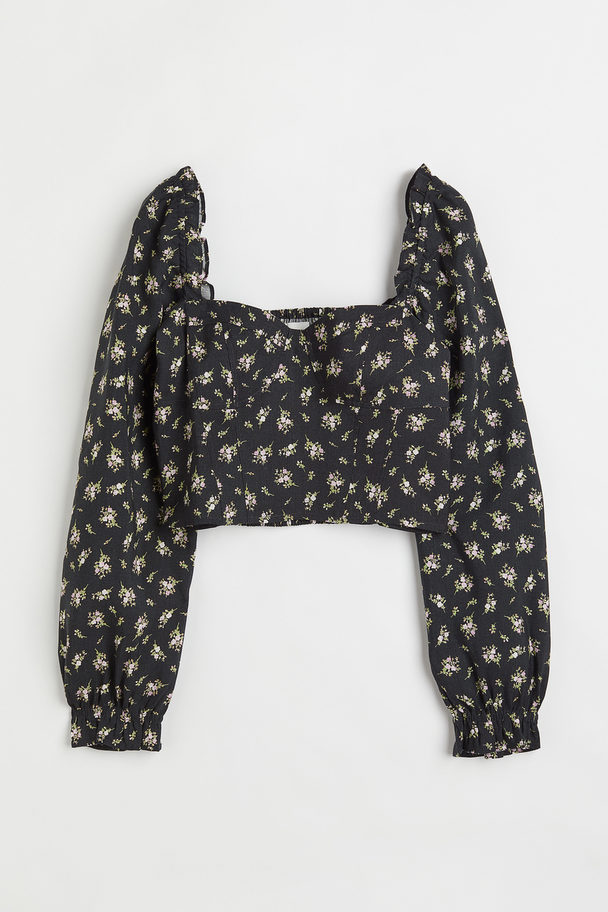 H&M Blomstret Bluse I Hørblanding Mørkegrå/blomstret