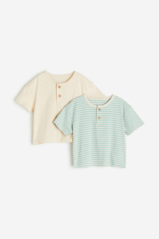 H&M 2-pack Cotton Henley Tops Turquoise/striped