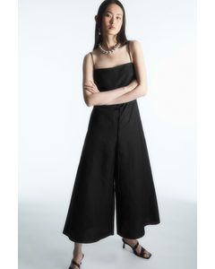 Belted Linen-blend Wide-leg Jumpsuit Black