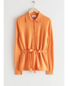 Belted Wool Knit Cardigan Orange