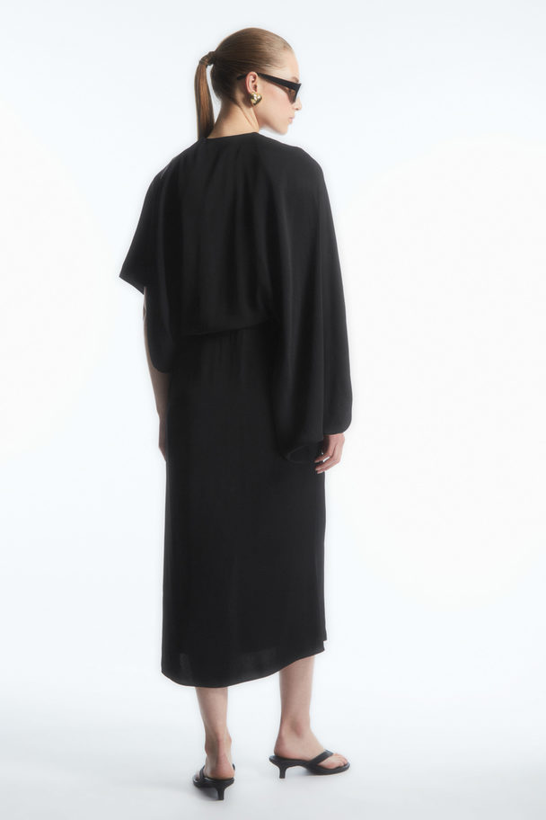 COS Asymmetric-sleeve Draped Midi Dress Black