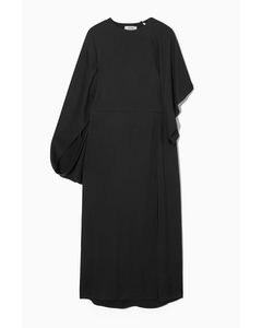 Asymmetric-sleeve Draped Midi Dress Black