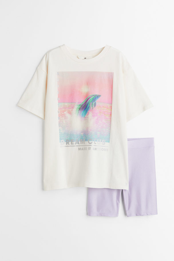 H&M 2-teiliges Set mit T-Shirt und Radlerhose Naturweiß/Helllila