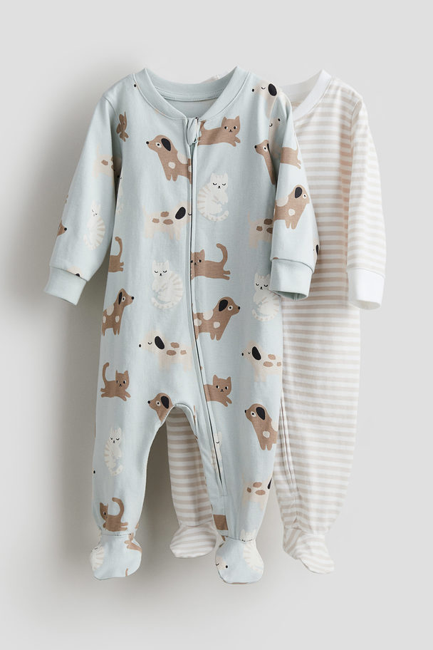 H&M 2-pack Zip-up Sleepsuits Light Dusty Turquoise/dogs