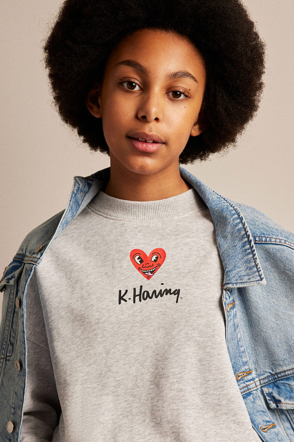 H&M Oversized Sweatshirt Lys Gråmelert/keith Haring
