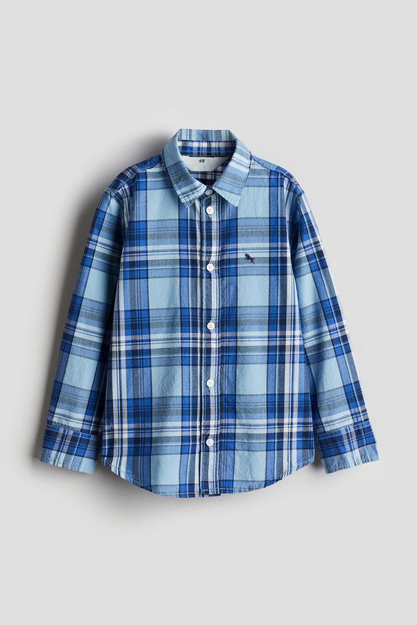 H&M Long-sleeved Poplin Shirt Blue/checked