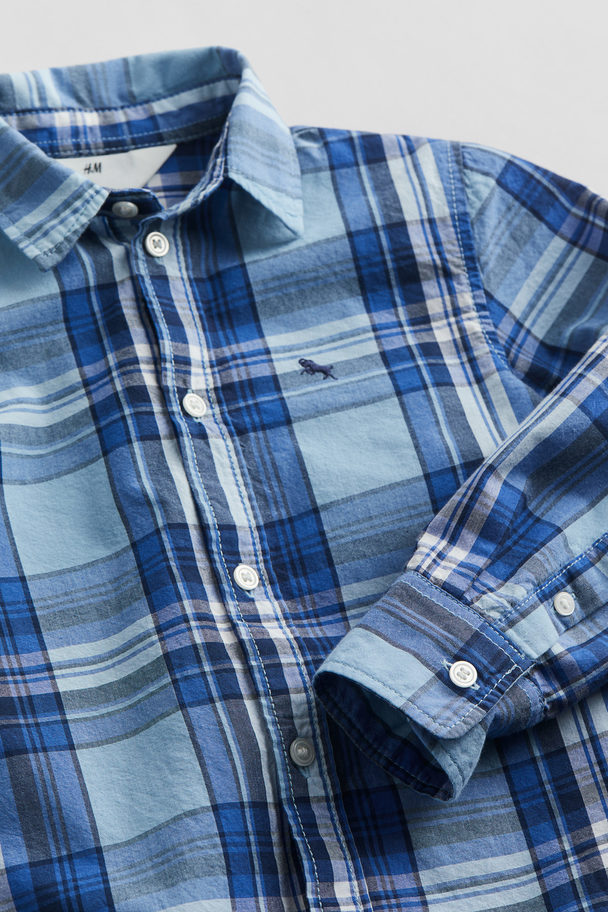 H&M Long-sleeved Poplin Shirt Blue/checked