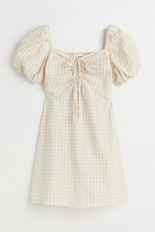 H&M Puff-sleeved Dress Light Beige/gingham Checked