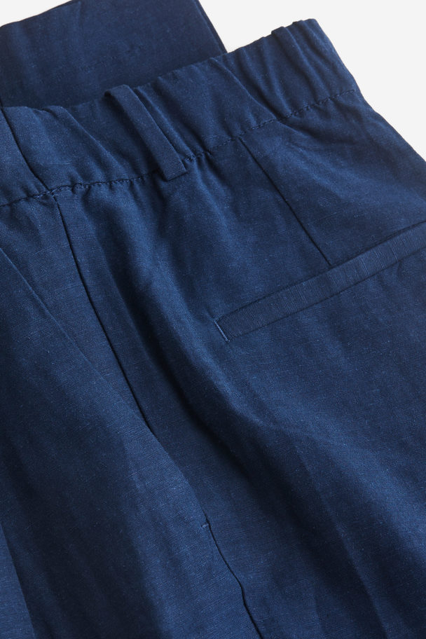 H&M Tapered Linen-blend Trousers Navy Blue