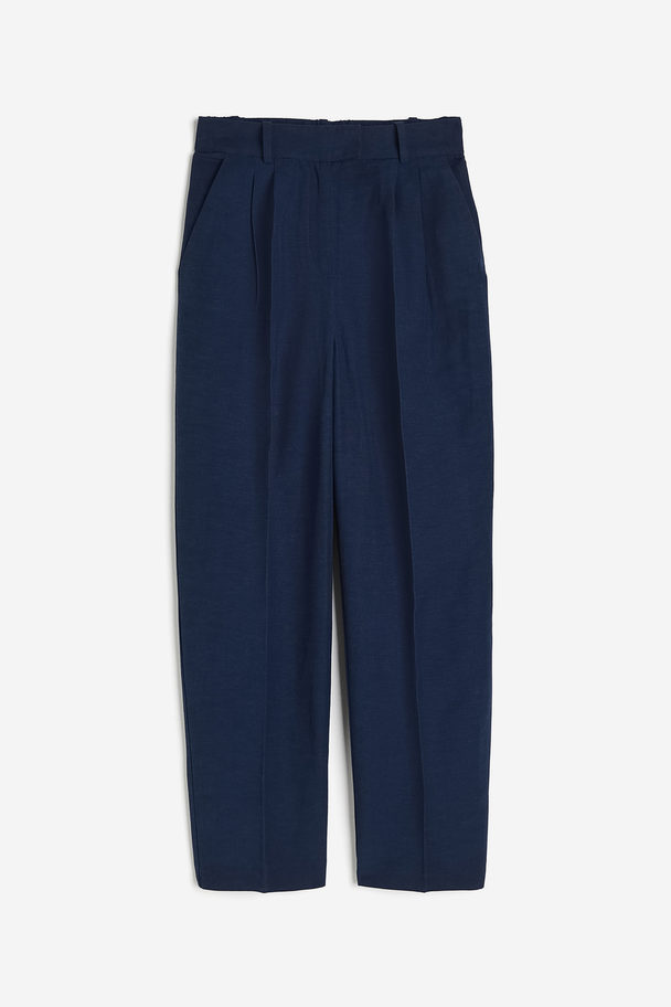 H&M Tapered Linen-blend Trousers Navy Blue