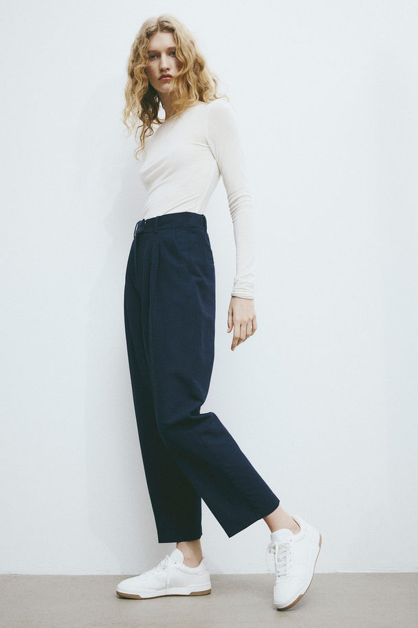 H&M Tapered Linen-blend Trousers Navy Blue