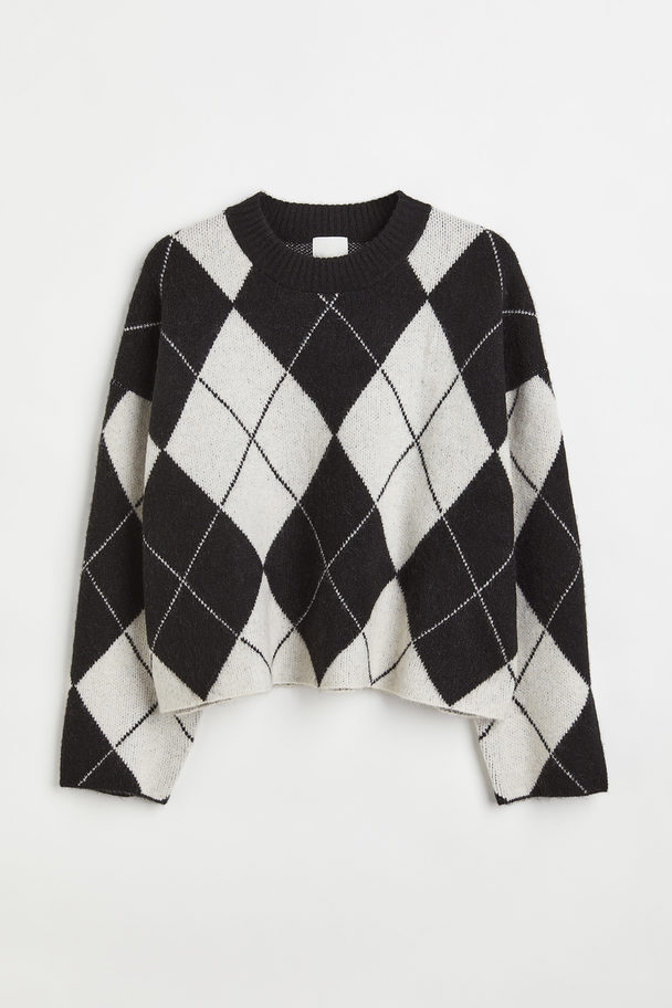 H&M H&m+ Oversized Jacquard-knit Jumper Black/argyle-patterned