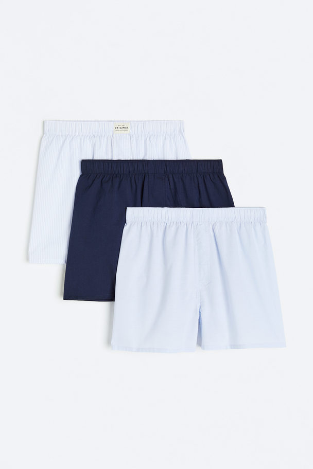 H&M 3-pack Woven Cotton Boxer Shorts Navy Blue/light Blue Striped