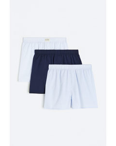 3-pack Woven Cotton Boxer Shorts Navy Blue/light Blue Striped