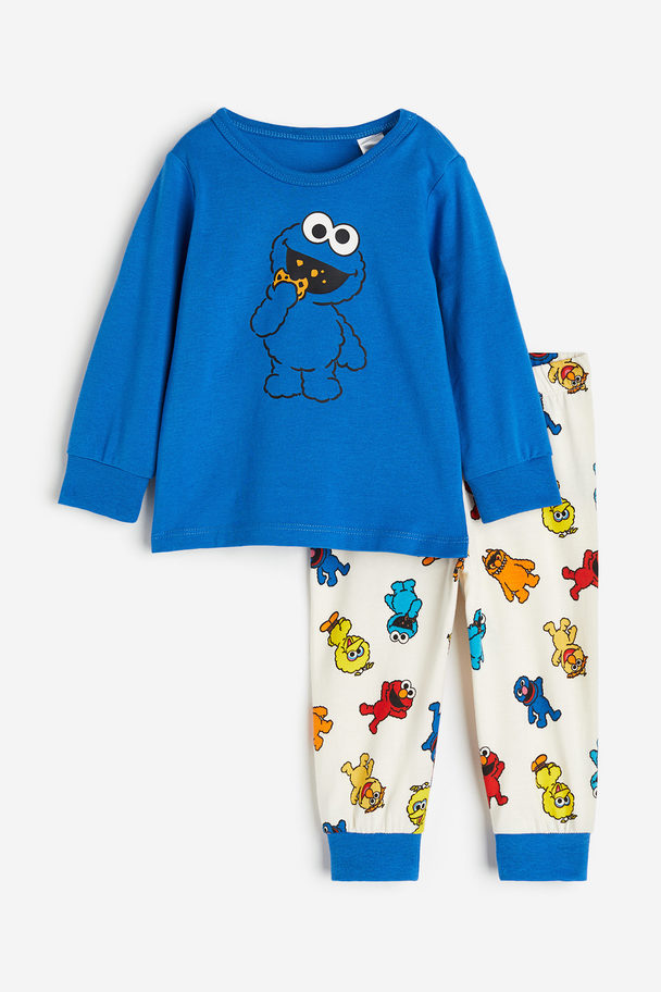 H&M Katoenen Pyjama Met Print Helderblauw/sesamstraat
