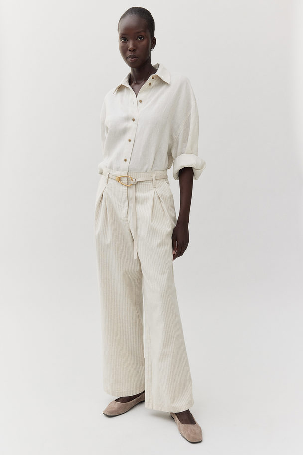 H&M Wide Linen-blend Trousers Natural White/striped