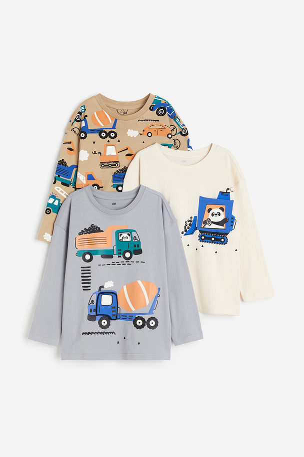H&M 3er-Pack Baumwollshirts mit Print Beige/Fahrzeuge