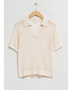 Relaxed Pointelle Knitted Polo Shirt Cream