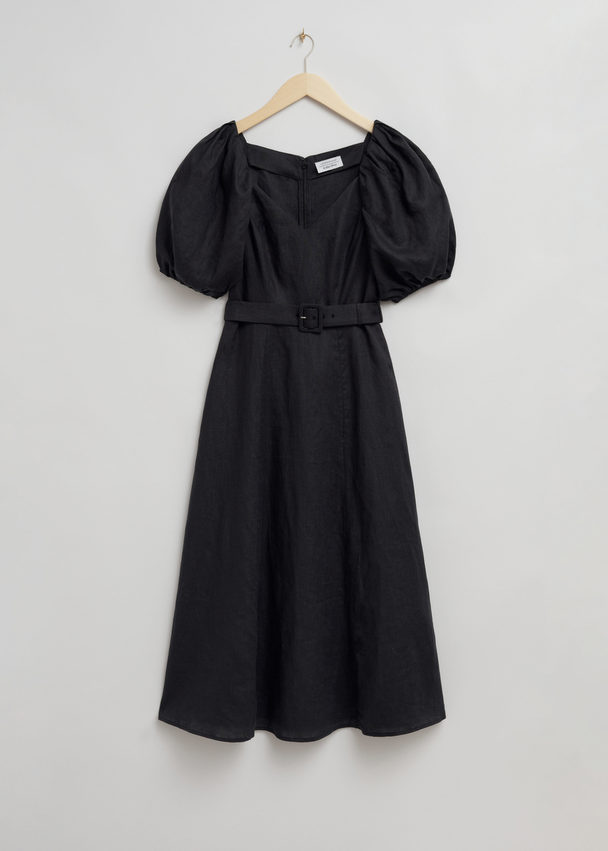 & Other Stories Linen Puff Sleeve Midi Dress Black