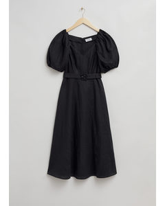 Linen Puff Sleeve Midi Dress Black