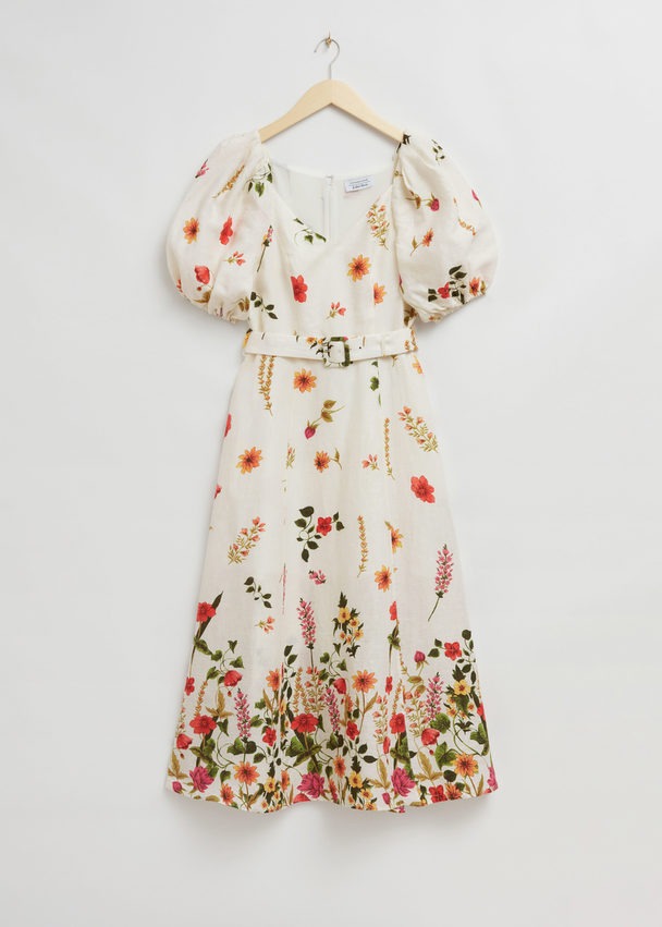 & Other Stories Linen Puff Sleeve Midi Dress White Floral Print