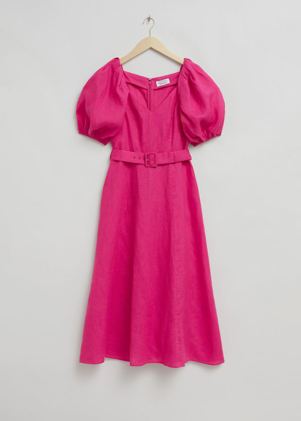 & Other Stories Linen Puff Sleeve Midi Dress Bright Pink