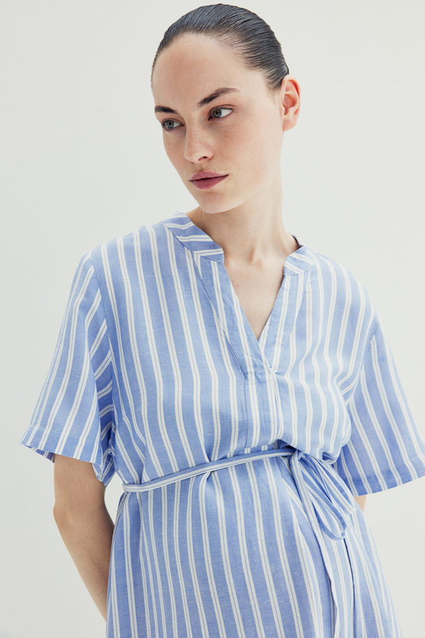 H&M Mama Linen-blend Tunic Dress Blue/striped