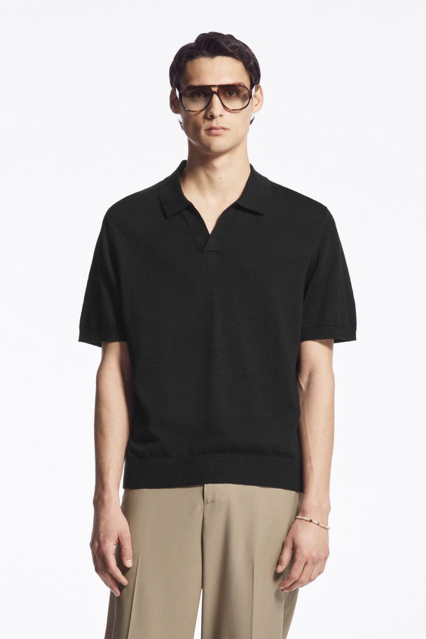 COS Knitted Linen Polo Shirt Black