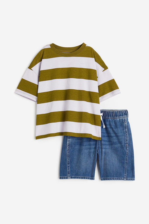 H&M 2-piece T-shirt And Shorts Set Denim Blue/olive Green Striped